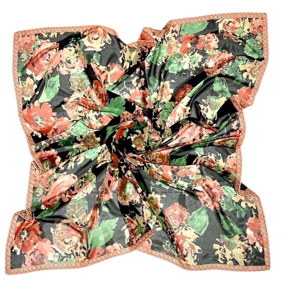 Large Silk (?) Chiffon Square Scarf Floral Print Hand Rolled 40x40” - Picture 1 of 11